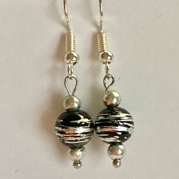 Murano Style Black Silver Art Glass Bead Earrings Plated Dainty Dangle Handmade - Picture 3 of 8